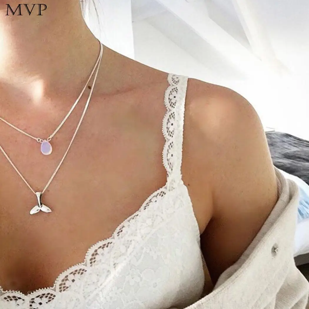 

New Fashion Women Multi-layers Charm Chain Fish Tail Shape Silver Link Pendant Jewelry 40cm+45cm+10cm Necklace