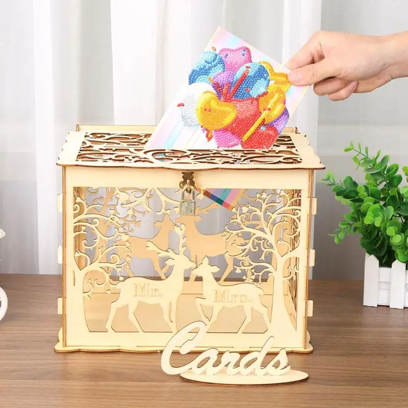Sweet Carving Wooden DIY Wedding Case Supplies Gift Card Box Holder Money Craft Lock Beautiful Decoration Supplies|Коробки для