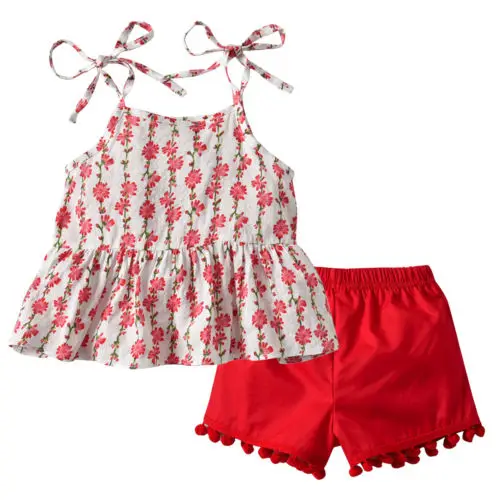 

Multi Style Toddler Kid Baby Girl Outfit Flower Top+Red Shorts Pant Clothes Set Size 2-7T