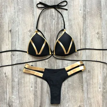 

Fashion Casual Slim Women Bikini Set Bandage Push Up Padded Swimwear Swimsuit Bronzing splicing Bathing Summer suit for girls