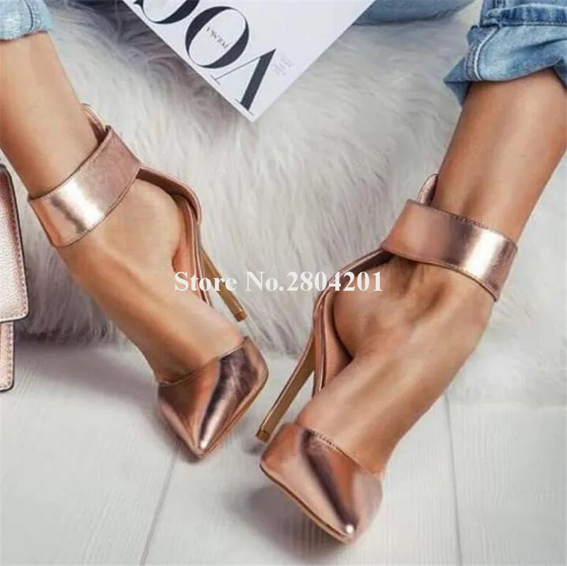 Women Sexy Fashion Pointed Toe Patent Leather Stiletto Heel Pumps Gold Silver Ankle Buckle High Heels Formal Dress Shoes