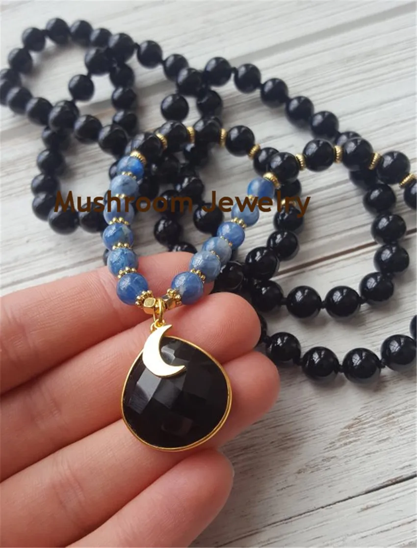 

Boho Chic Knot Black obsidian and blue Veins TearDrop Crystal Charm Pendant Necklace