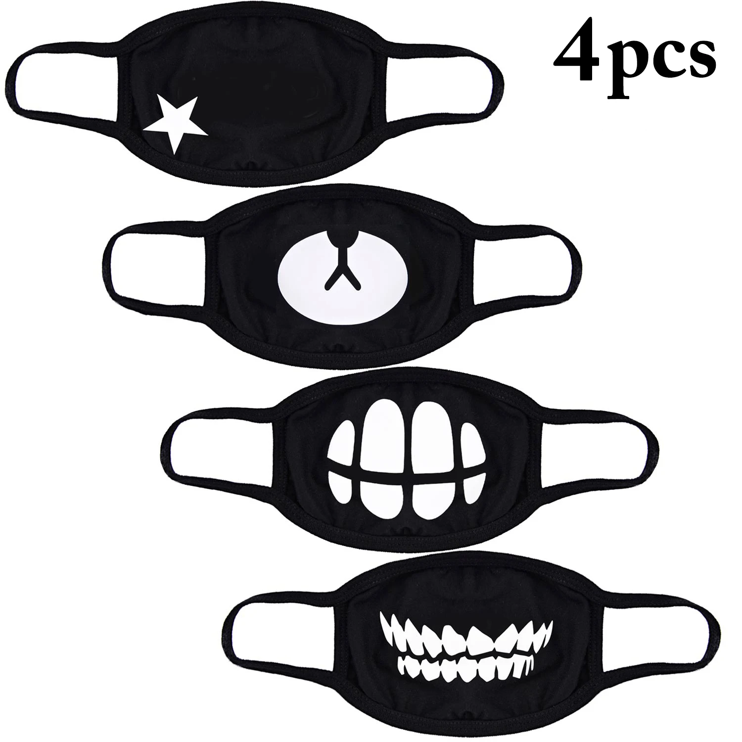 

4pcs Unisex Black Anti-Dust Cotton Cute Bear Anime Cartoon Mouth Mask Kpop teeth mouth Muffle Face Mouth Masks Women Men