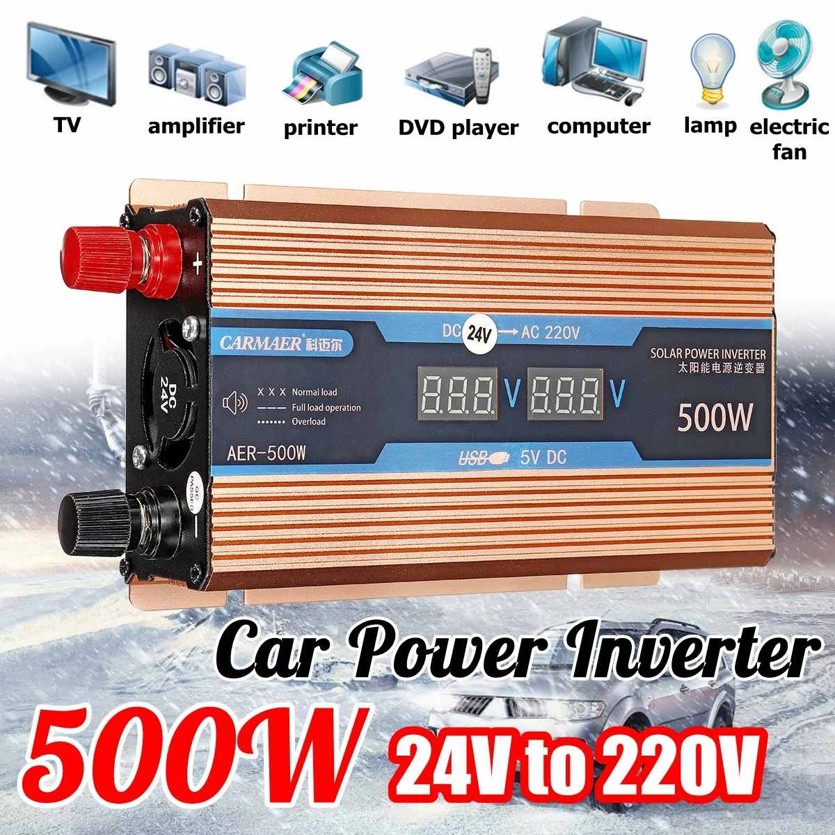 

Autoleader 500W Car Power Inverter 380W 12V 24V to 220V 50Hz 0.9A Digital Display Gold Aluminum Alloy for car truck