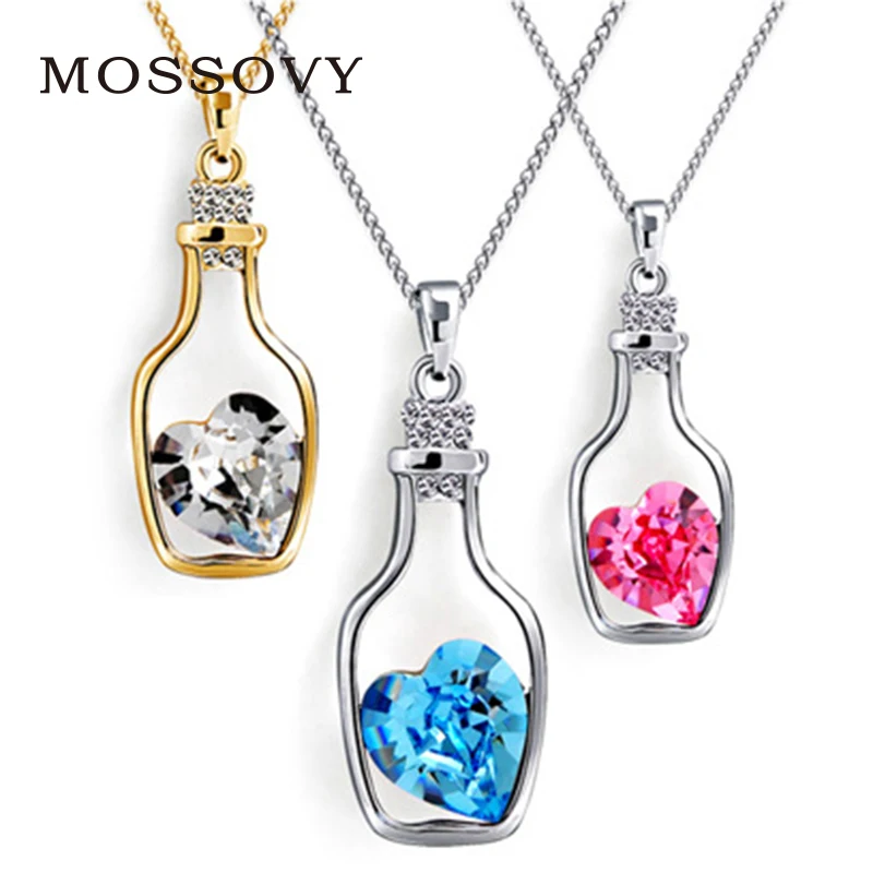 Mossovy Heart Wine Bottle Rose Gold Silver Necklace Crystal Wishing Bottle for Female Popular Rhinestone Jewelry for Women 1 item image