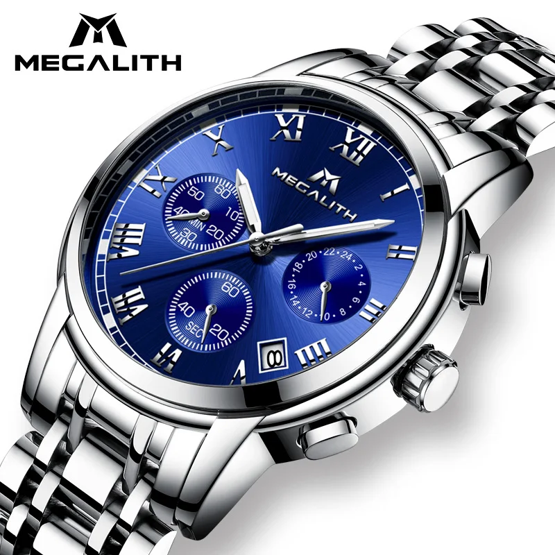 

MEGALITH Luxury Mens Watches Quartz Watch Waterproof Stainless Steel Strape WristWatches Chronograph Mens Sport Gents Clock