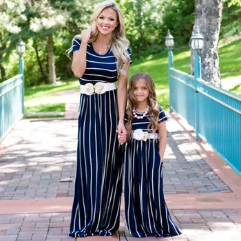 

2018 Brand New Matching mother And daughter Short Sleeve mommy and me clothes Striped dress family look clothing outfit