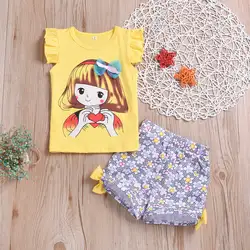 Милый комплект одежды из 2 предметов для маленьких девочек, топы с цветочным принтом, футболка, шорты, штаны, комплекты одежды