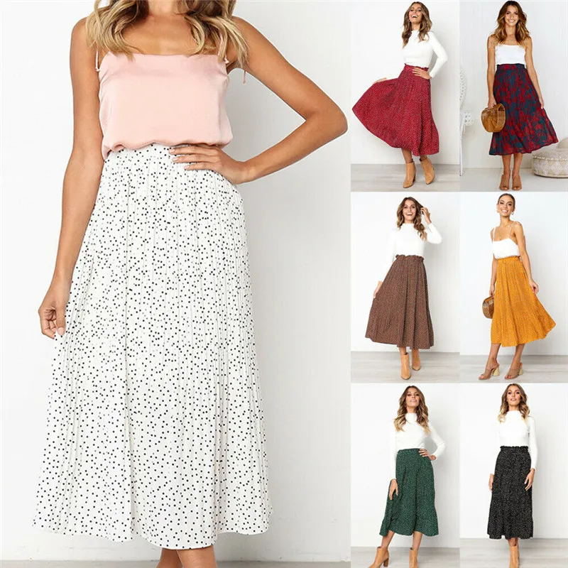 Юбки в стиле бохо женские с высокой талией гофрированные новые летние миди юбки Модный комплект пуловер+ кожаная юбка в горошек Праздничная пляжная одежда