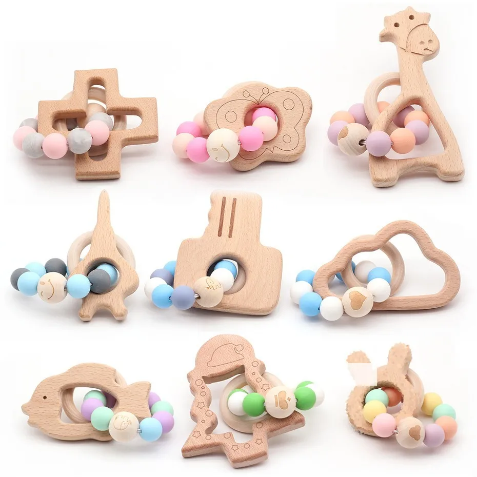 Baby Cartoon Pattern Wooden Teether Baby Rattle Silicone Beads Gifts