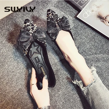 

SWYIVY Women Flat Shoes 2019 Summer Women's Shoes Moccasins Crystal Bow Pointed Toe Ladies Shoes Woman Black Flats Slip On
