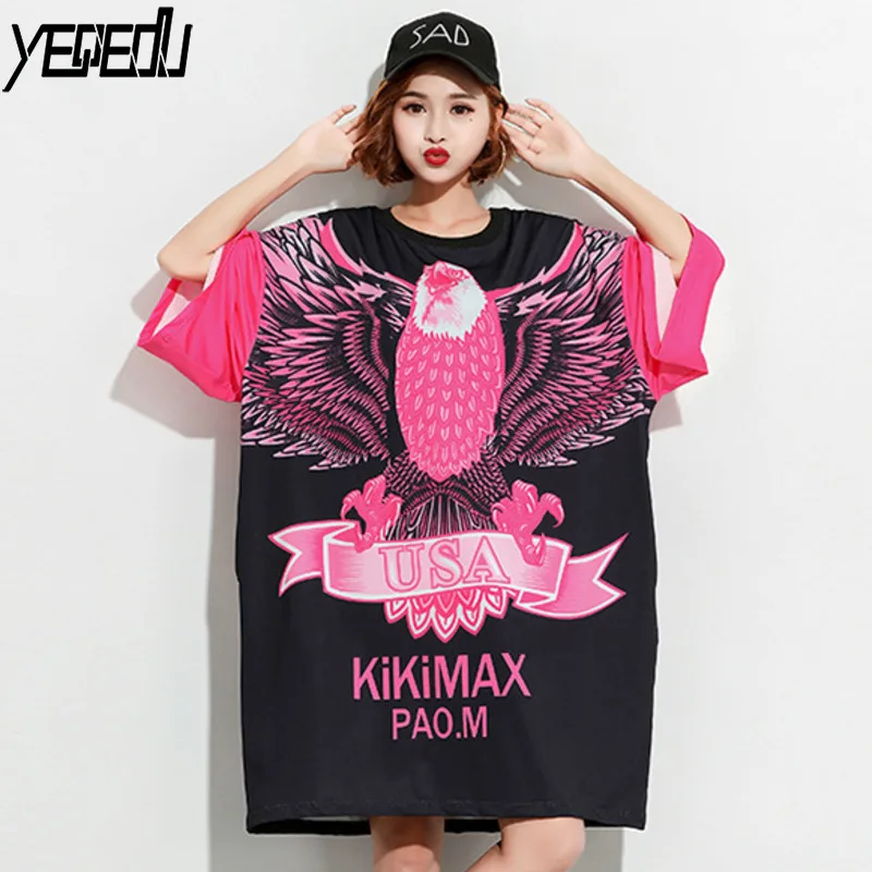 

#1615 Summer Enlarge 3d Eagle Printed T Shirt Women Loose Big Size Harajuku Streetwear Long Tee Shirt Femme Hit Color Tide