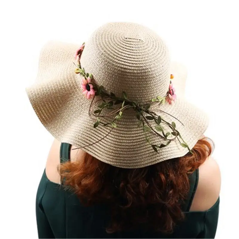 Wave Flowers Beach Sun Hat For Women Ladies Summer Seaside Holiday Vacation Rattan Fashionable Simple Straw Big Newly | Аксессуары для