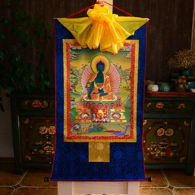 Тибетская медицина принт Будды шелк Gild Thangka Thanka Bhaisajyaguru | Дом и сад