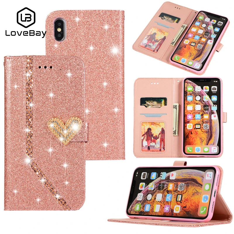 

Lovebay Flip Love Glitter Leather Phone Case For iPhone 6 6s Plus 7 8 Plus X 10 Bling Sequins Cover For iPhone XS Max XR 5 5S SE