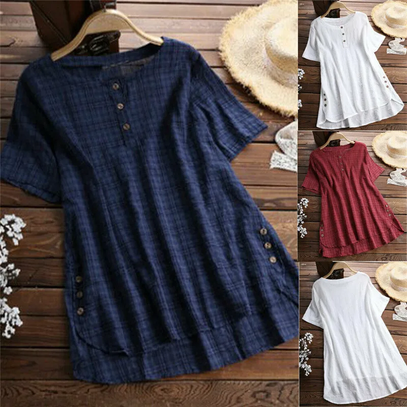 

Women's Summer Short Sleeve Shirt Women's Cotton Linen Button Top Size S-5XL