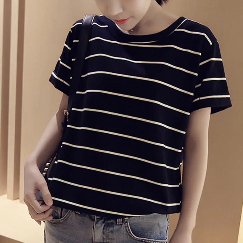 

Jrnnorv T Shirt Women 2019 Summer Top Shirts O-neck Short Sleeve Casual White Strip T-Shirt Plus Size Cotton Tee Shirt Femme