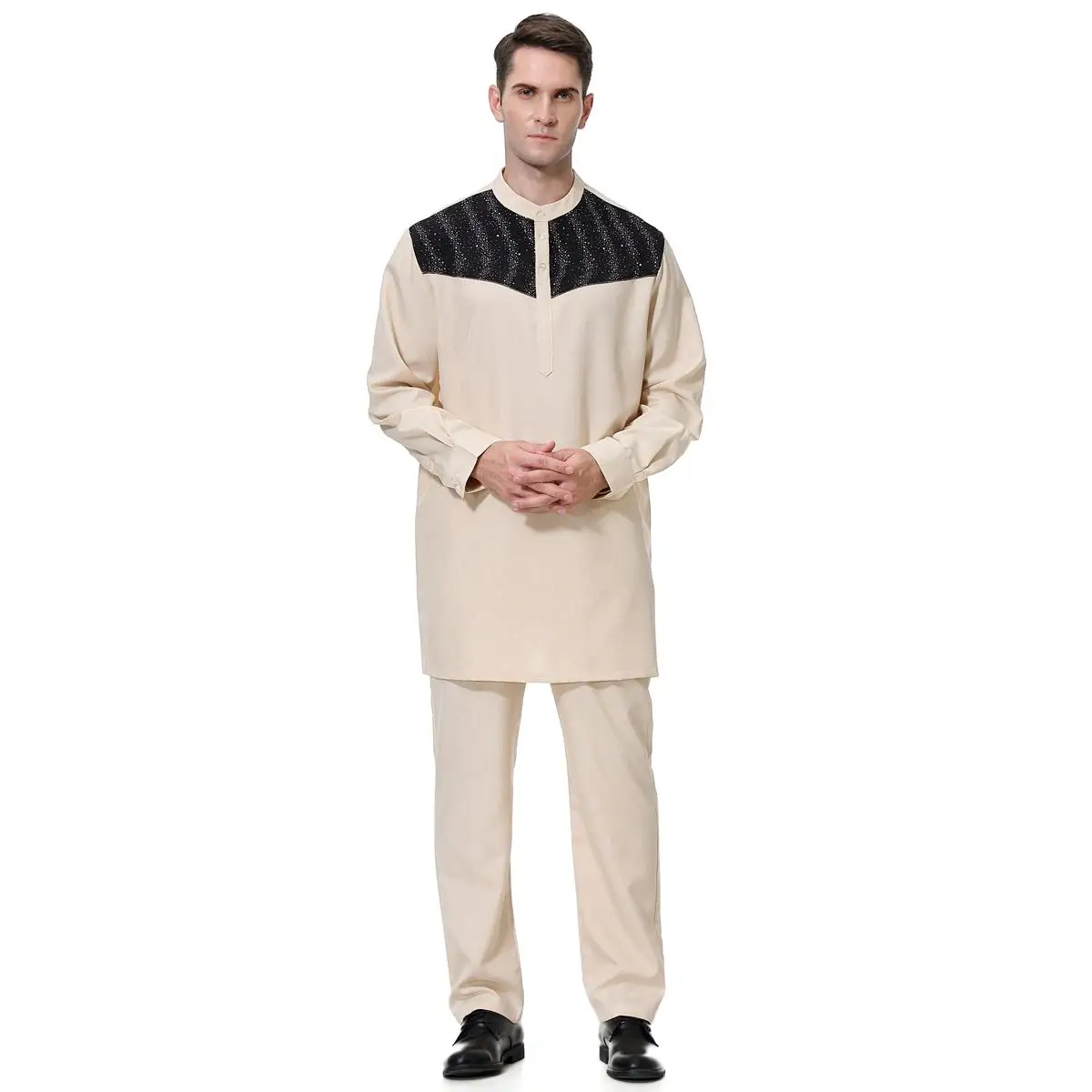 2PCS Muslim Men\\\'s Robe Suits Jubba Thobe Arab Dubai Shirts Tops+Pants Outfits Middle East Islamic Clothing Men Abaya Sets Saudi