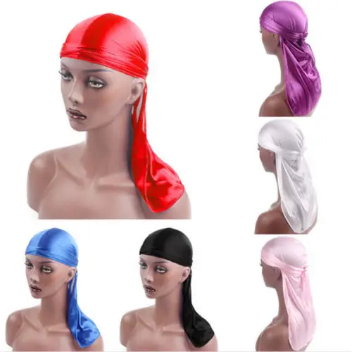 

2019 Hot sale New Silk Fabric Streched Cap Hip Hop Pirate Bandanas Du Doo Rag Durag Solid Color Hat Tie Down tail for women men
