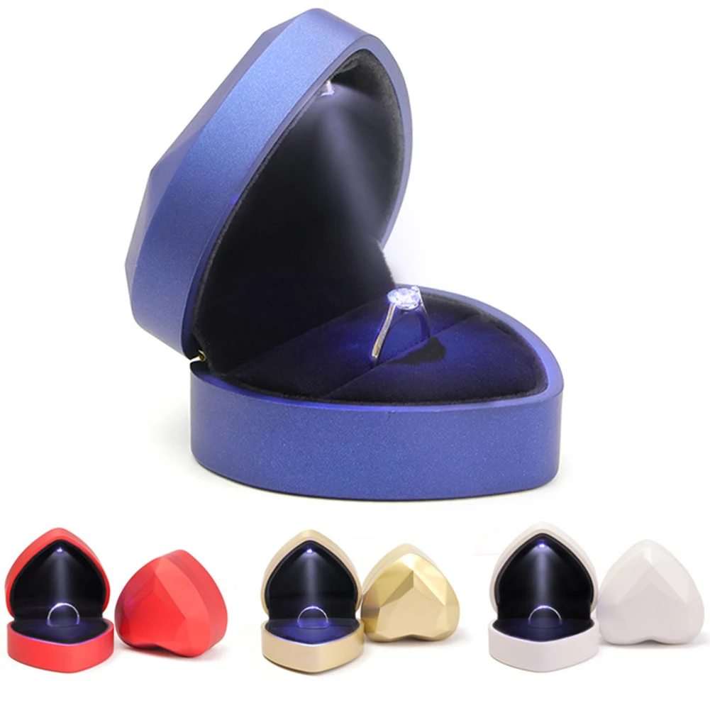 

Velvet Heart Shape Storage Proposal Display Wedding Organizer Jewelry Ring Box Marriage Holder LED Light
