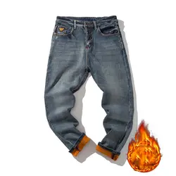 Зимние джинсы мужские большие размеры стрейч плюс бархатные утепленные брюки теплые узкие джинсы мужские модные повседневные деловые