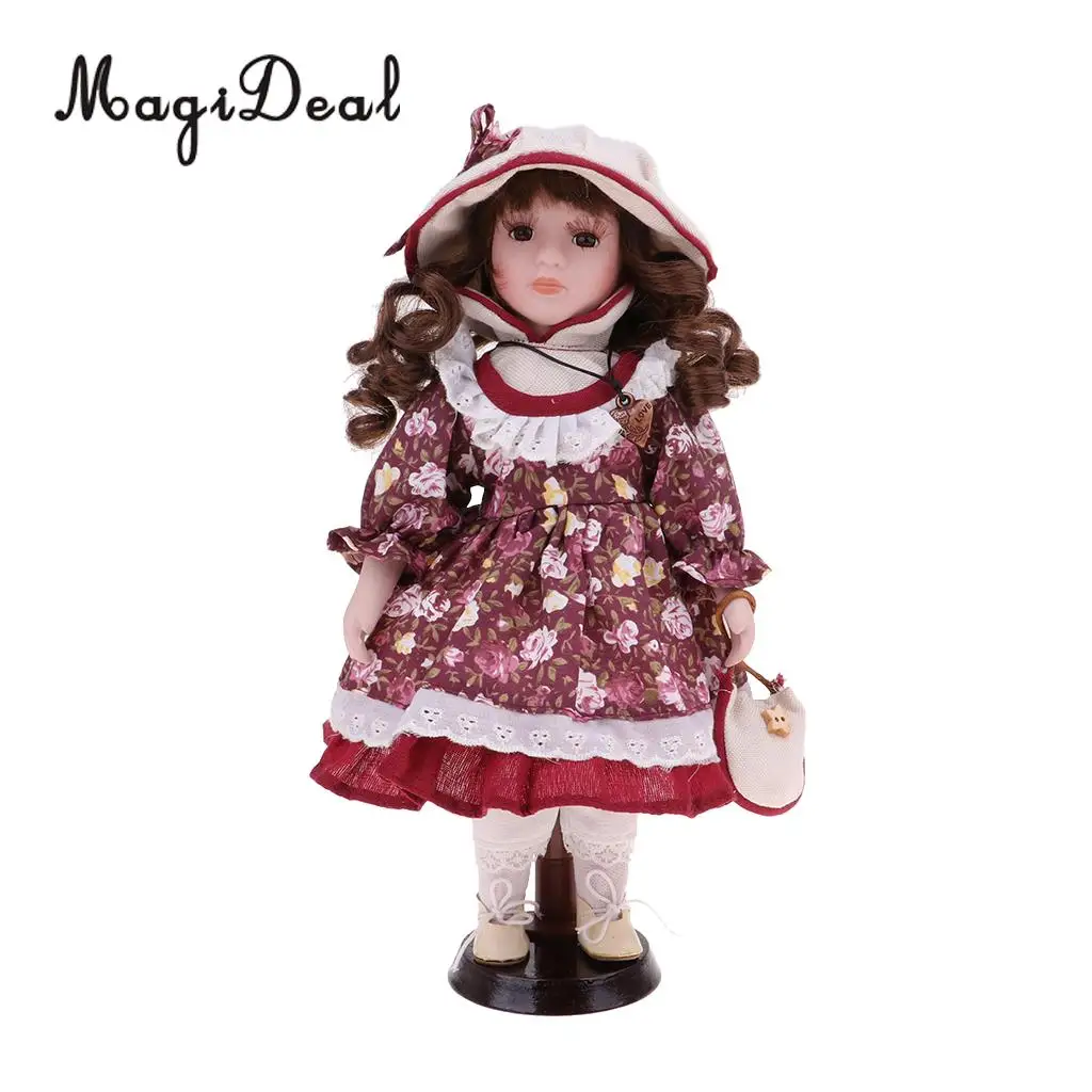 

30cm Lovely Porcelain Girl Doll People Figure with Floral Dress Hat Set Decor Gift