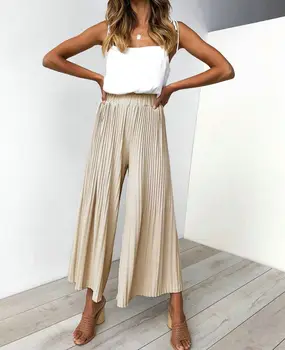 

Summer Women's High Waist Pleated Wide Leg Flare Long Pants Casual Loose Trouser