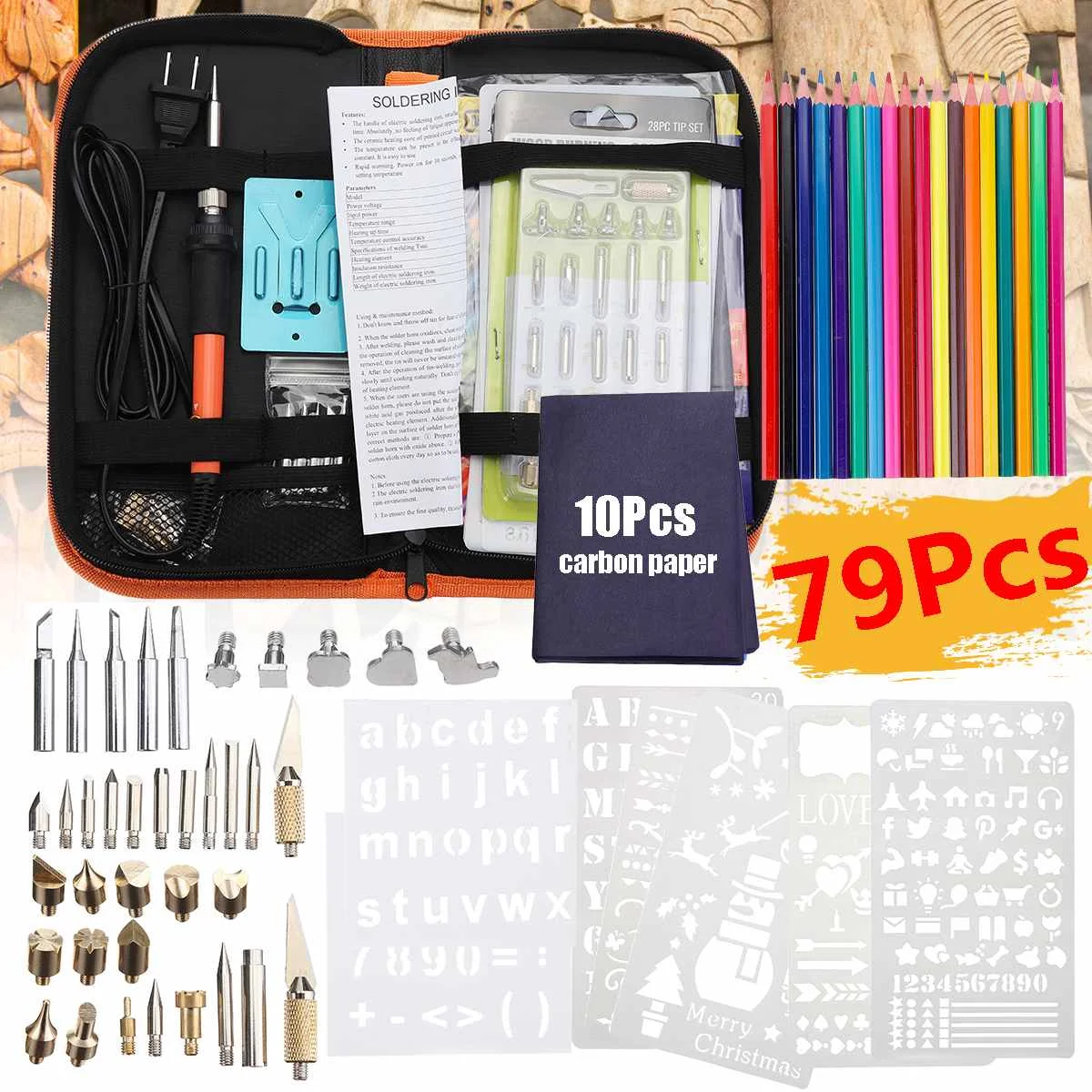 

US/EU Plug 79pcs 60W Electric DIY Wood Burning Pen Soldering Iron Tool Carft Pyrography Kit Adjustable Temperature 7 Stencil
