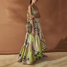 Spring Summer Women Print Dress Loose Irregular Beach Maxi Dress V Neck Sleeveless Bohemia Dress black leaf print v neck maxi dress