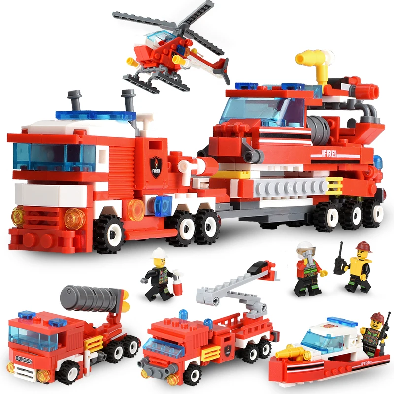 

DIY 4in1 Fire Fighting Trucks Car Helicopter Boat Building Blocks Compatible legoed City Firefighter figures Toys For children