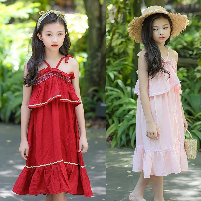 

Summer Flower Teenage Girl Dress Children Party Princess Clothes Sleeveless Long Dresses Red Pink 2019 New Size 10 12 14 8 6 4