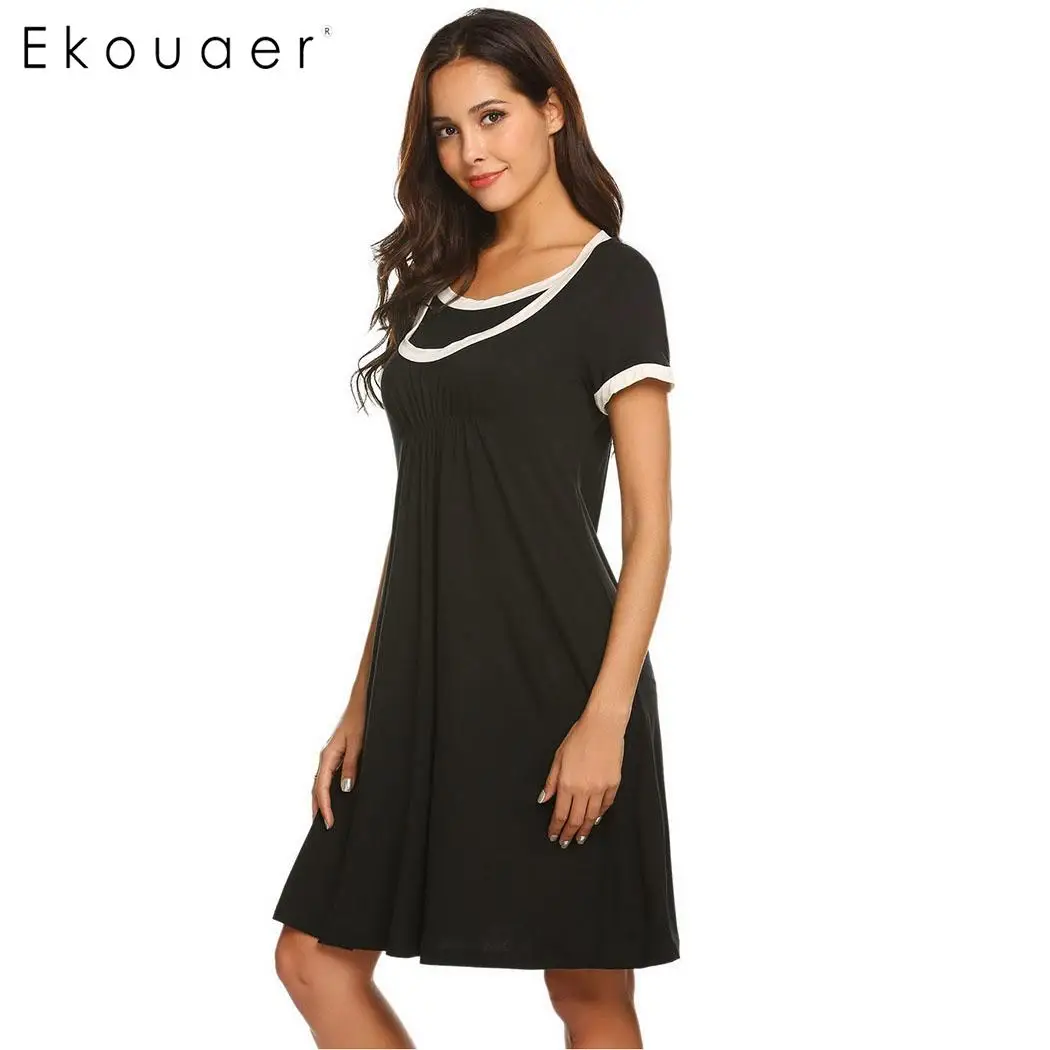 Ekouaer Summer Nightgown Chemise Sleepshirts Women Loose Home Dress Sleepwear V-Neck Letters Printed Nightwear Nightdress