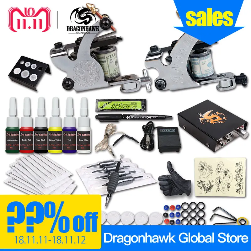 

Starter Tattoo Kit 2 Machine Guns 6 Color Inks Supply Set Equipment Supplies
