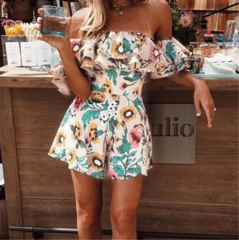 

2019 Newest Style Women Spring Summer Short Sleeve Fashion Playsuit Beach Off Shoulder Ruffle Romper Floral Print