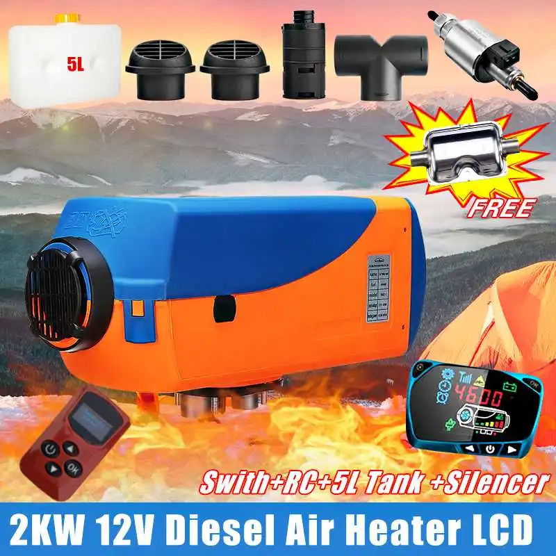 

2000W 12V Car Air Parking Heater Demister Defroster Automatic Temperature Control Set Free 5L Tank Silencer Pipe 1 Hole Output