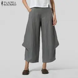 ZANZEA Винтаж Ruffled широкий брюки 2019 Для женщин Повседневное одноцветное эластичный пояс, карманы вечерние Свободные Длинные Брюки Панталоны
