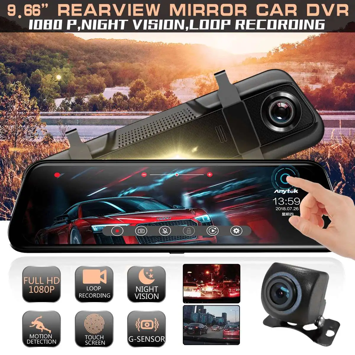 

9.66 inch 1080P HD Auto Rearview Mirror Car Video Recorder DVR Dash Camera RearView Media Dual Lens Registrar Curved Screen