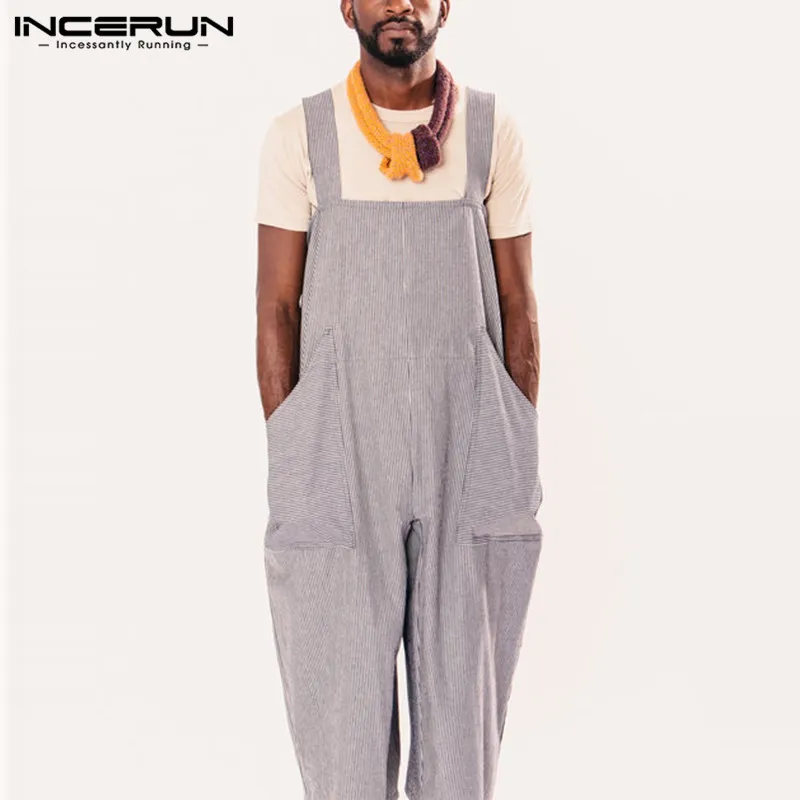 2019 Hiphop Men Rompers Stripe Overalls Wide Leg Pants Dungarees Casual