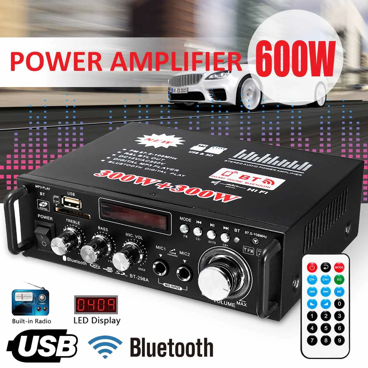 12V/ 220V BT-298A 2CH LCD Display Digital HIFI Audio Stereo Power Amplifier bluetooth FM Radio Car Home 600W with Remote Control