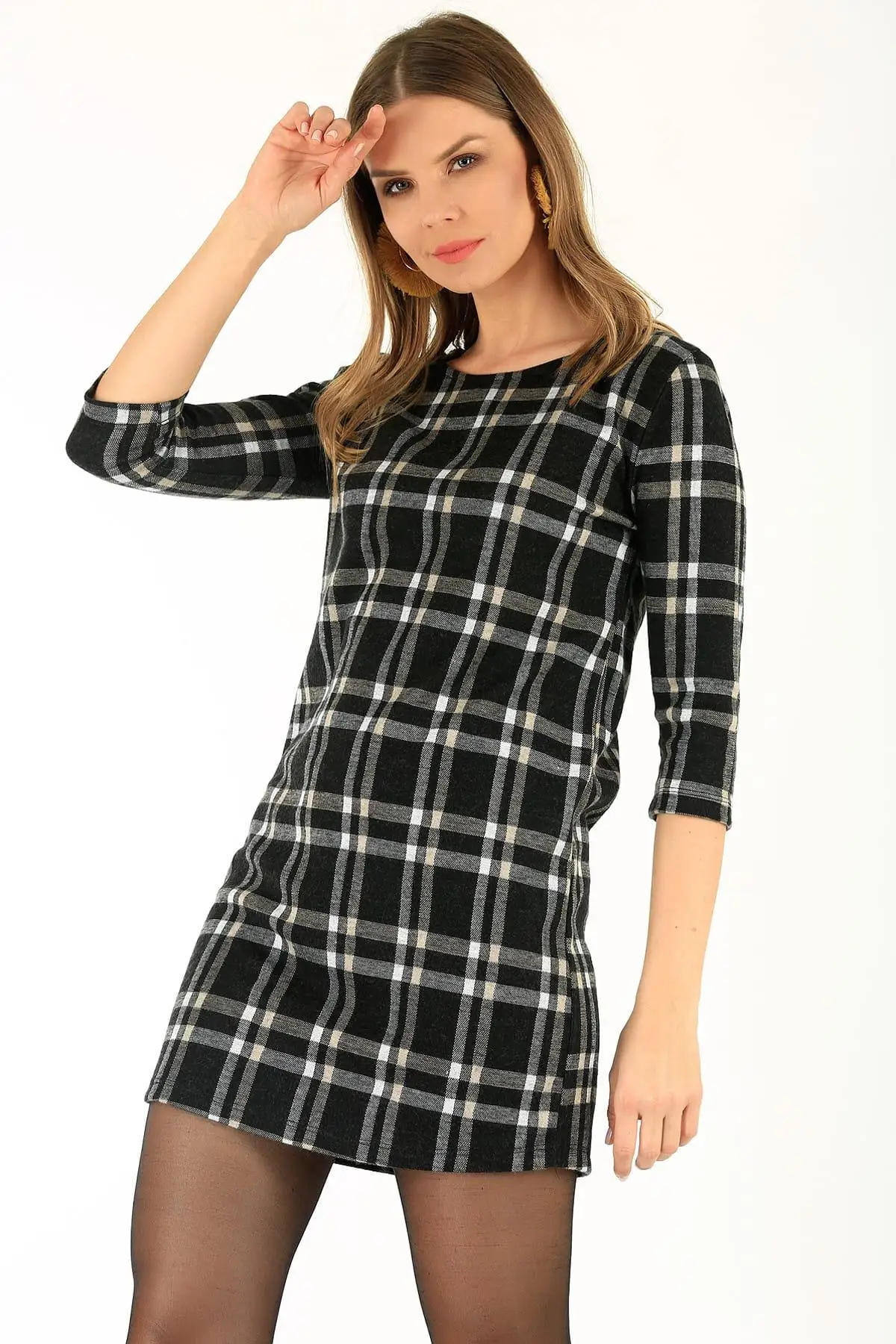 You Special Respect Women Siyah-Bej Plaid Wool Viscose Lycra Dress S-19K3480002 | Женская одежда