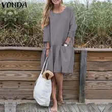 VONDA, Осеннее женское винтажное Хлопковое платье, повседневное свободное платье с карманами, длинным рукавом, пуговицами сзади, платье-рубашка, миди сексуальное платье, мешковатое