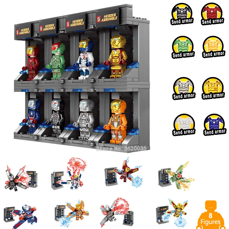 

1008 pcs Marvel Mini iron Man Mech set Building Blocks warehouse Super hero model Figures mini gift Compatible legoinglys