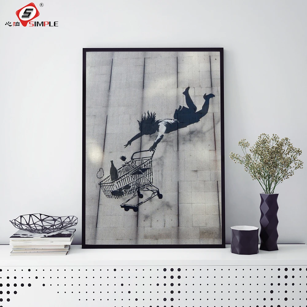 

Simple Banksy Painting Street Art Shopping Woman Falling Graffiti Irony Poster and Prints Decor for Home Unframed