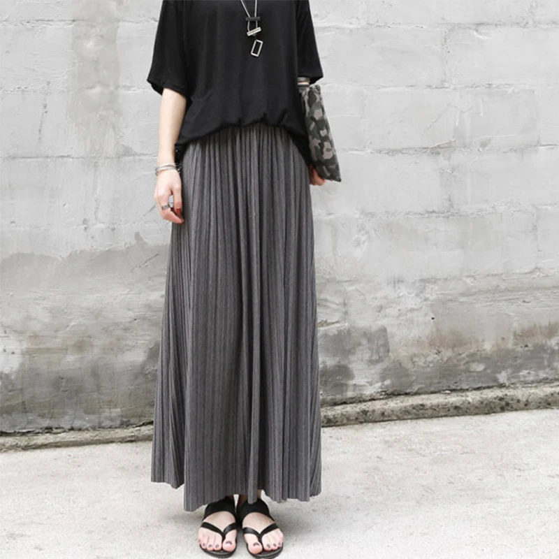 Women Pleasted Skirt Vintage Long Wearing Female Literary Style Modal Cotton Elastic Skirts For Ladies 2019 Summer Women Skirt