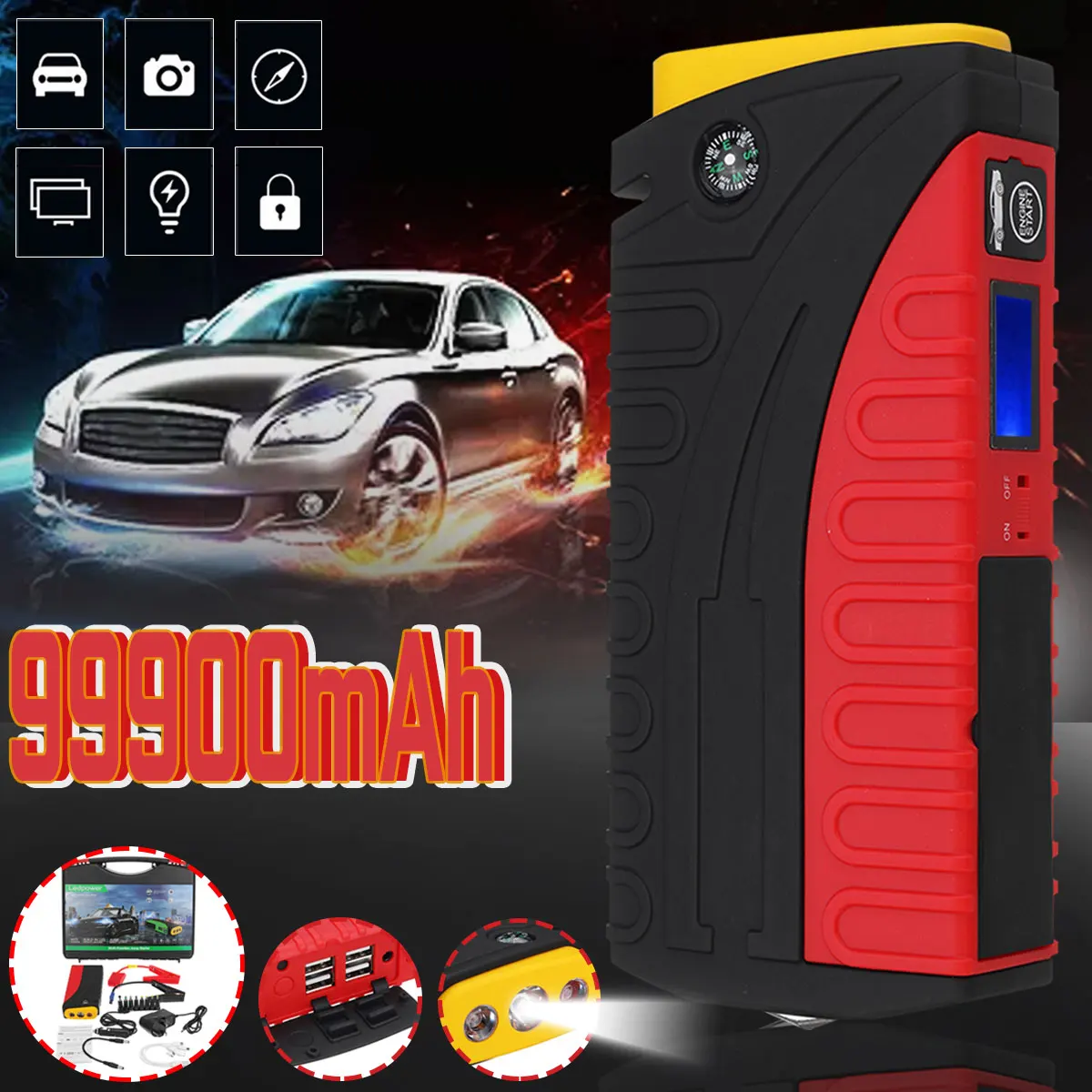 

99900mAh Multifunction LED Car Jump Start Starter Power Bank Booster 12V 600A 4 USB Waterproof Car Emergency Charger Battery