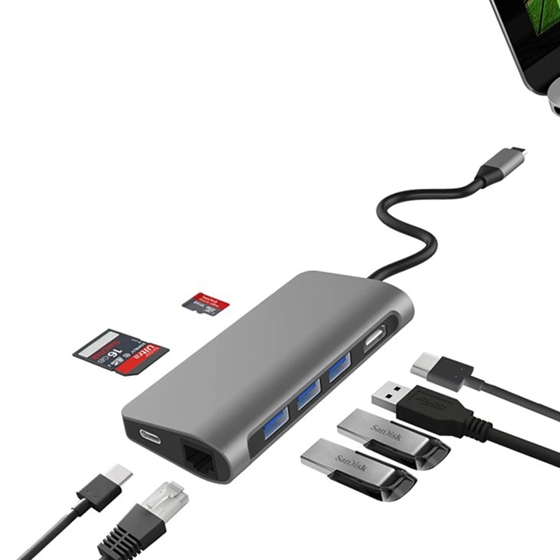 8 en 1 Dongle Hdmi de 4 K Lan Ethernet Usb 3,0 Usb 2,0 Pd Sd/Tf lector de tarjeta hub de carga del divisor Puerto Usb-C adaptador de Hub - 6