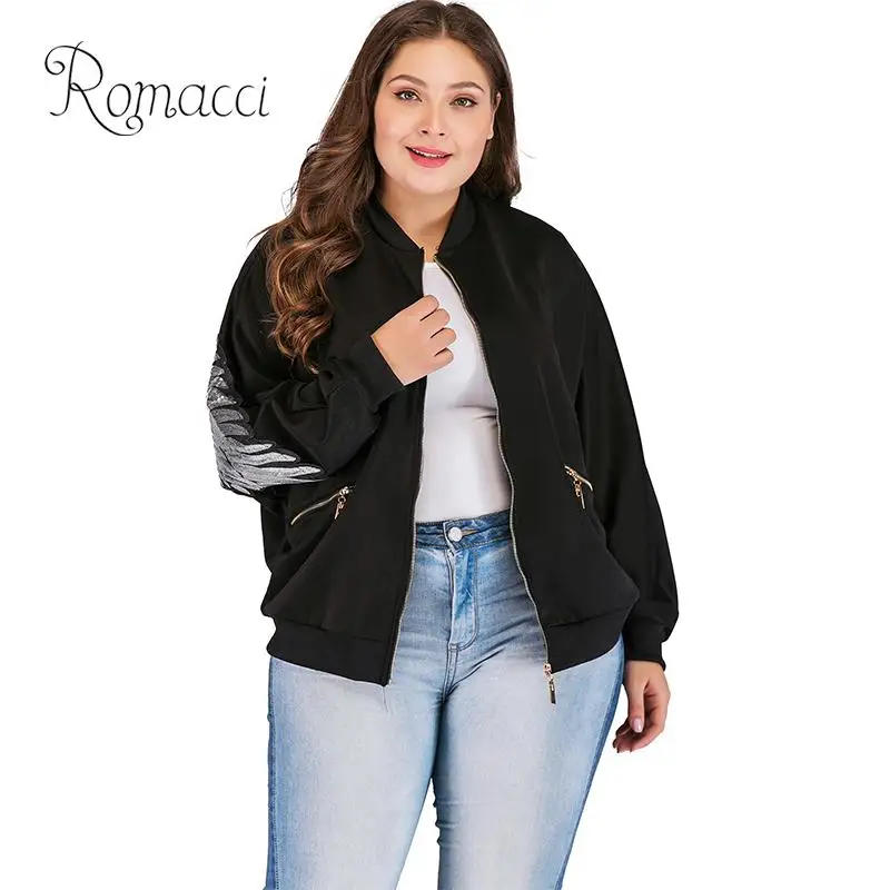 

Romacci Women Plus Size Jacket Coat Sequin Feather Print Zipper Open Front Long Sleeve Bomber Jackets Oversized Loose Cardigan
