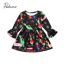 Фирменная Новинка Дети Новогоднее платье для маленьких девочек с расклешенными рукавами и мультяшным принтом детские брюки до колена с принтом Длина осеннее платье наряд От 2 до 6 лет