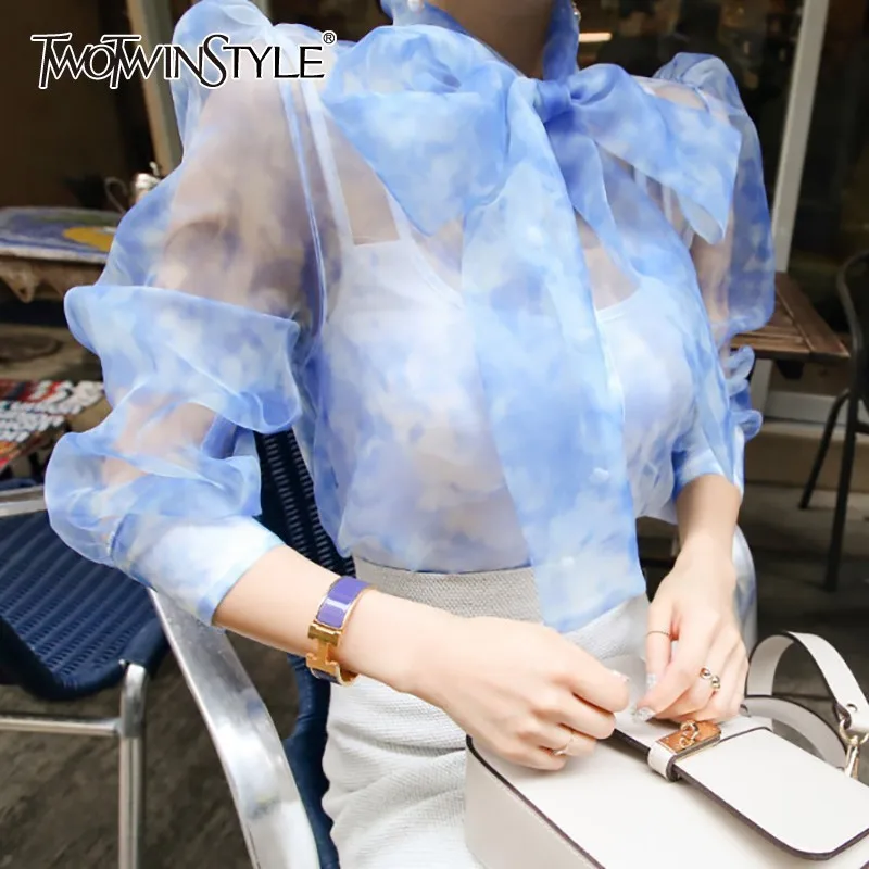

TWOTWINSTYLE Korean Solid Perspective Sexy Blouse Women Bowknot Long Sleeve Oversize Shirt Female Spring 2019 Fashion New