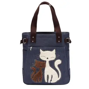 

Lovely Cute Cat Canvas Handbag for Girls Ladies Large Capacity Casual Bag Women Portable Solid Zipper Shoulder Bag Bolsos Mujer